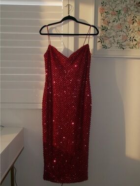 Oh Polly Eisley Red Sequin Midi Slip Dress with Spaghetti Straps
